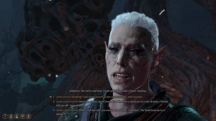 The player speaks with Madeline through He Who Was in Baldur’s Gate 3
