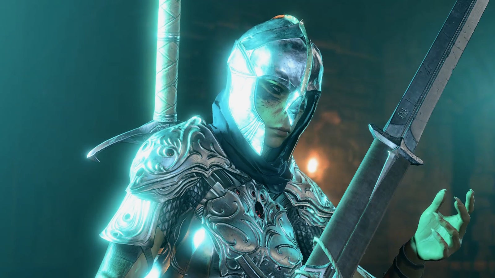 Lae&rsquo;zel in shiny silver armour holding and staring at a greatsword with a blue hue coating the entire picture.