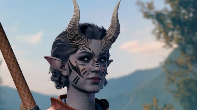 Close up of female body shaped Mephistopheles Tiefling.