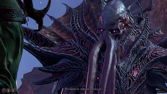 The player character in Baldur’s Gate 3 speaks with The Emperor, who is asking whether they want to evolve or not