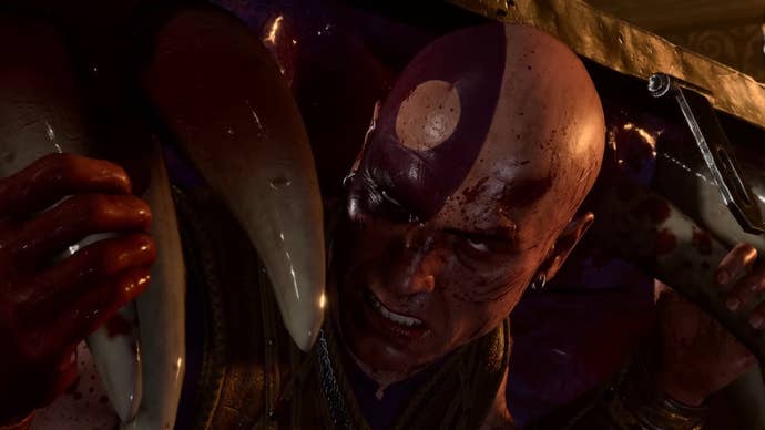 Baldur’s Gate 3 image showing Minsc, the Ranger, holding open the mouth of a Mimic chest with blood on his face.