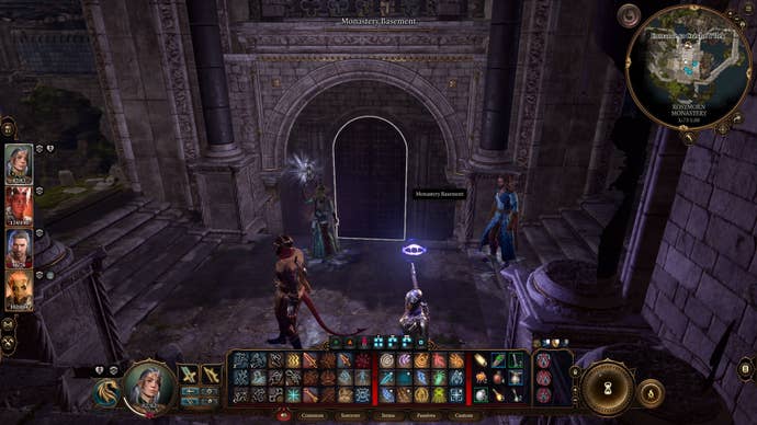 The player faces the door to the basement of the Rosymorn Monastery in Baldur’s Gate 3