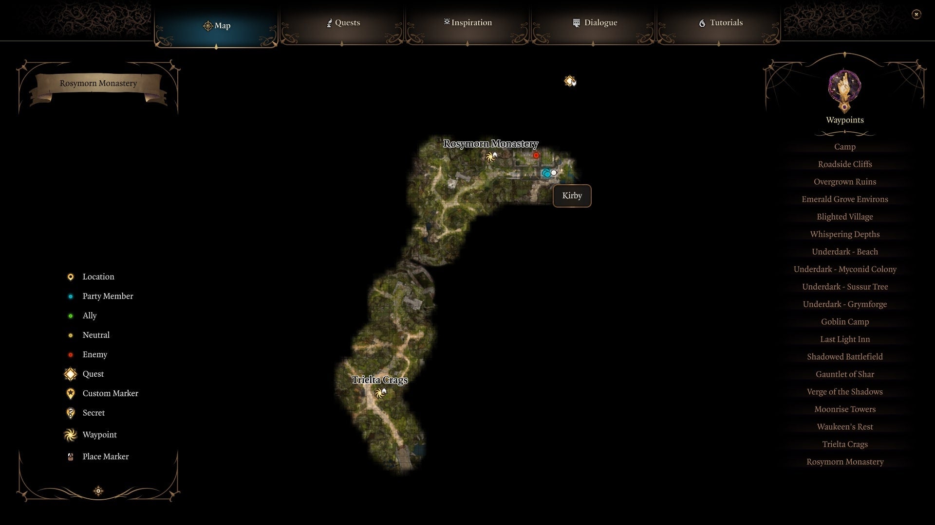 A map showing where Rosymorn Monastery is located in Baldur&rsquo;s Gate 3