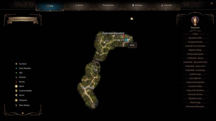 A map showing where Rosymorn Monastery is located in Baldur’s Gate 3