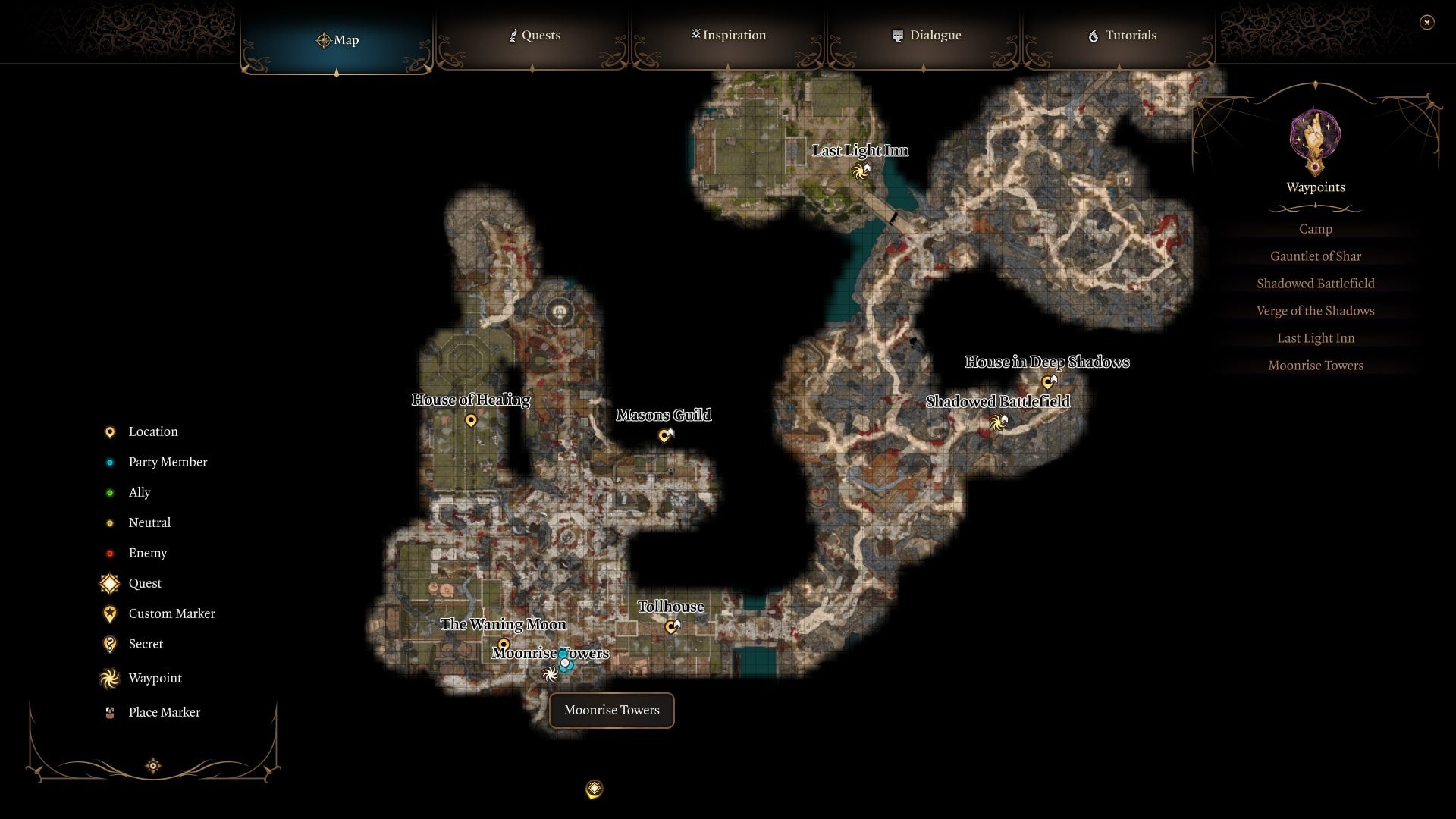 A map detailing the location of Moonrise Towers in Baldur&rsquo;s Gate 3