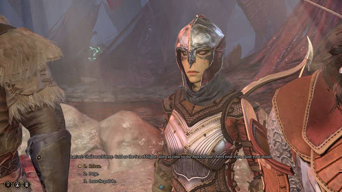 The player interacts with a Neural Apparatus in the Mind Flayer Colony in Baldur’s Gate 3, and Lae’zel isn’t happy about it