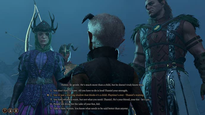 The player speaks with Thaniel’s missing half, Oliver, after fighting him in Baldur’s Gate 3