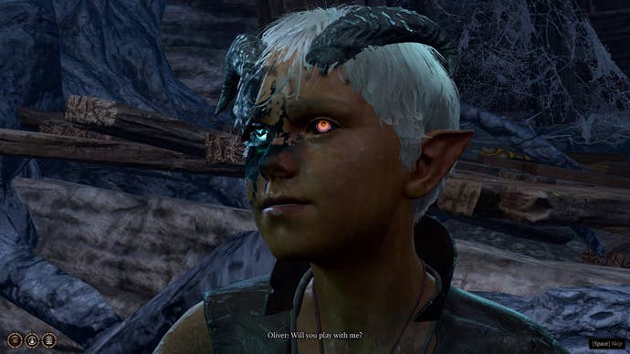 The player speaks with Thaniel’s missing half, Oliver, in Baldur’s Gate 3