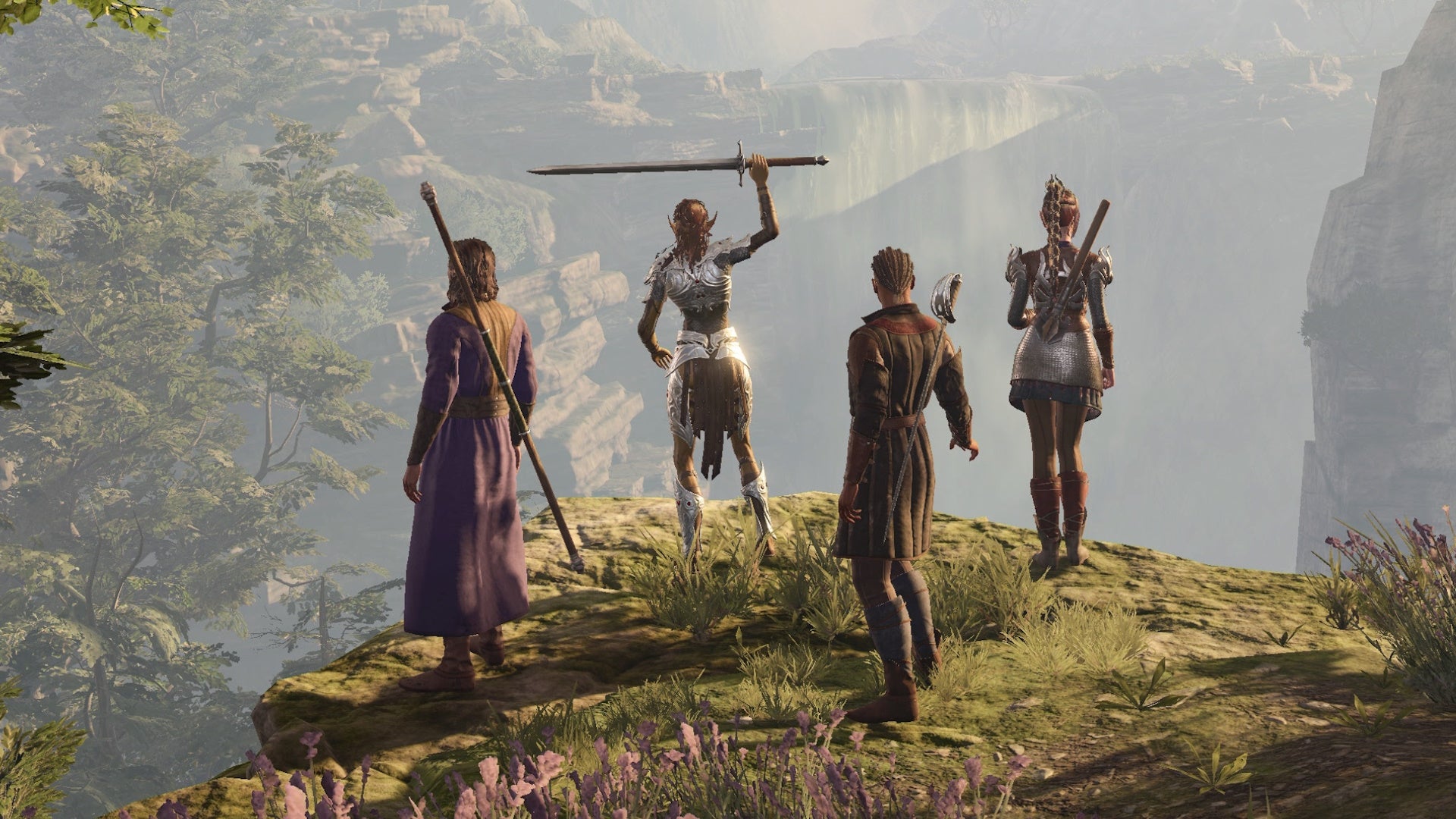 Four origin charatcers on the side of a cliff with their backs turned and one holding a sword in the air.