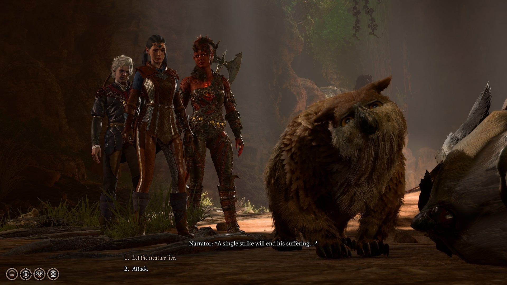 The player speaks with an Owlbear Cub in Baldur&rsquo;s Gate 3