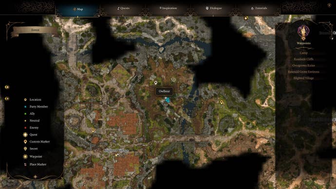 The location of the Owlbear Nest in Baldur’s Gate 3 is marked on the map