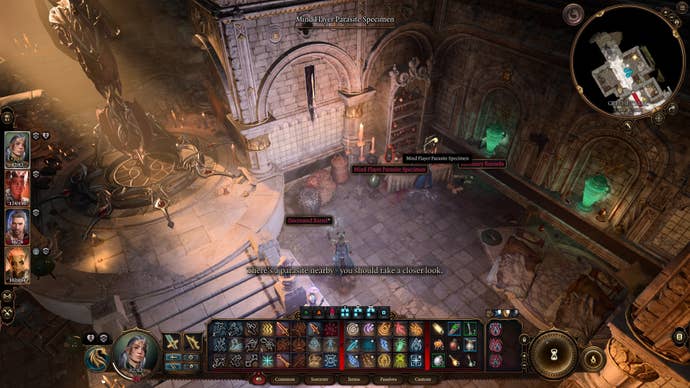 The player looks toward a desk with a Mind Flayer Parasite Specimen on it in the Infirmary of the Githyanki Creche in Baldur’s Gate 3