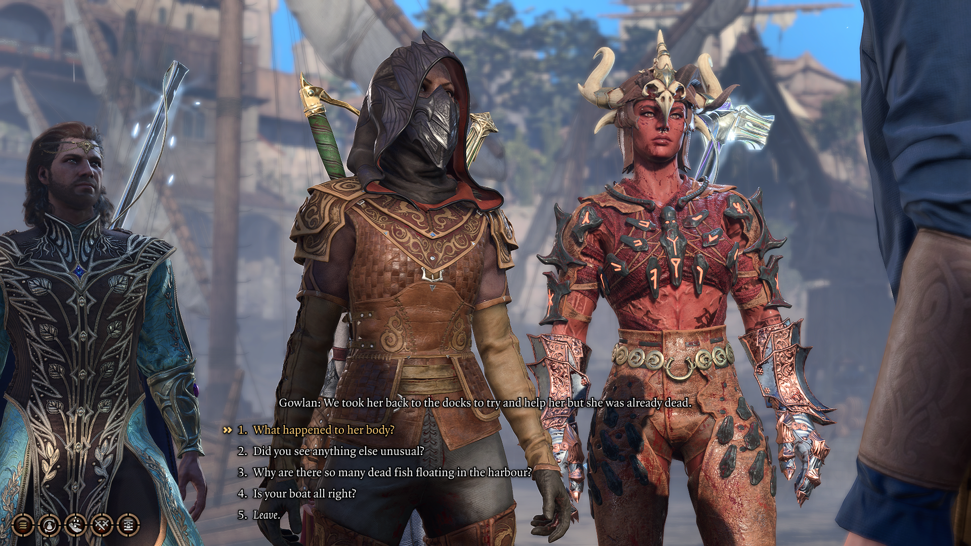 Karlach, Jaheira and Gale stand next to each other near the docks in Baldur&rsquo;s Gate 3, asking a fisherman about a body he found in the water