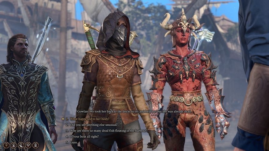 Karlach, Jaheira and Gale stand next to each other near the docks in Baldur’s Gate 3, asking a fisherman about a body he found in the water