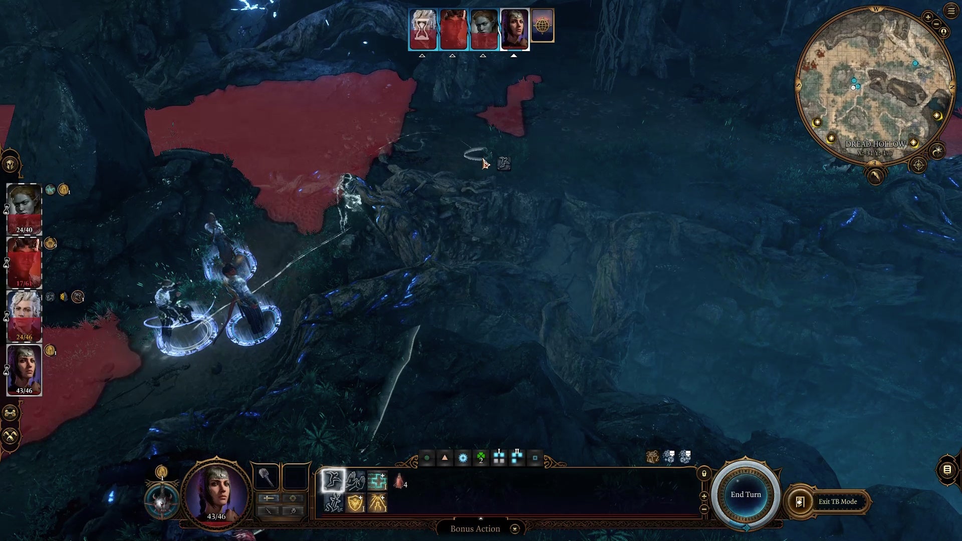 White line and circle showing the jumping path of a character in a dark cave, with red showing an enemy&rsquo;s sight line to the left.