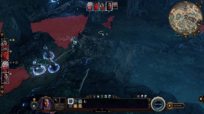 White line and circle showing the jumping path of a character in a dark cave, with red showing an enemy’s sight line to the left.