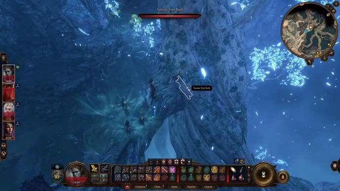 Cursor on the sussur bark part of the sussur tree in an area glowing blue.