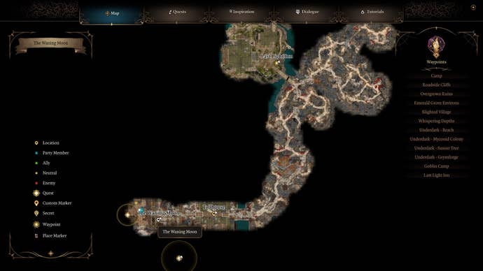 A map showing the location of The Waning Moon in Baldur’s Gate 3