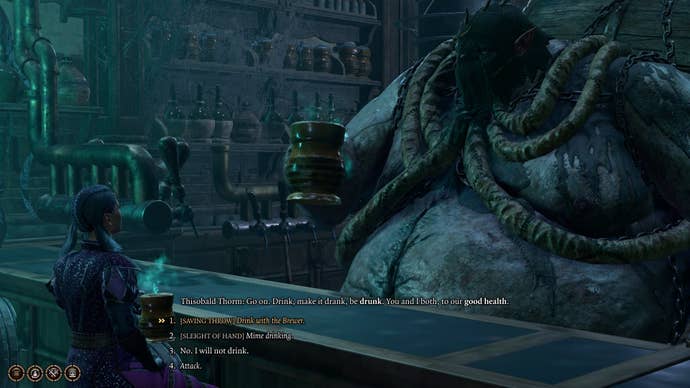 The player drinks with Thisobold Thorm in The Waning Moon in Baldur’s Gate 3