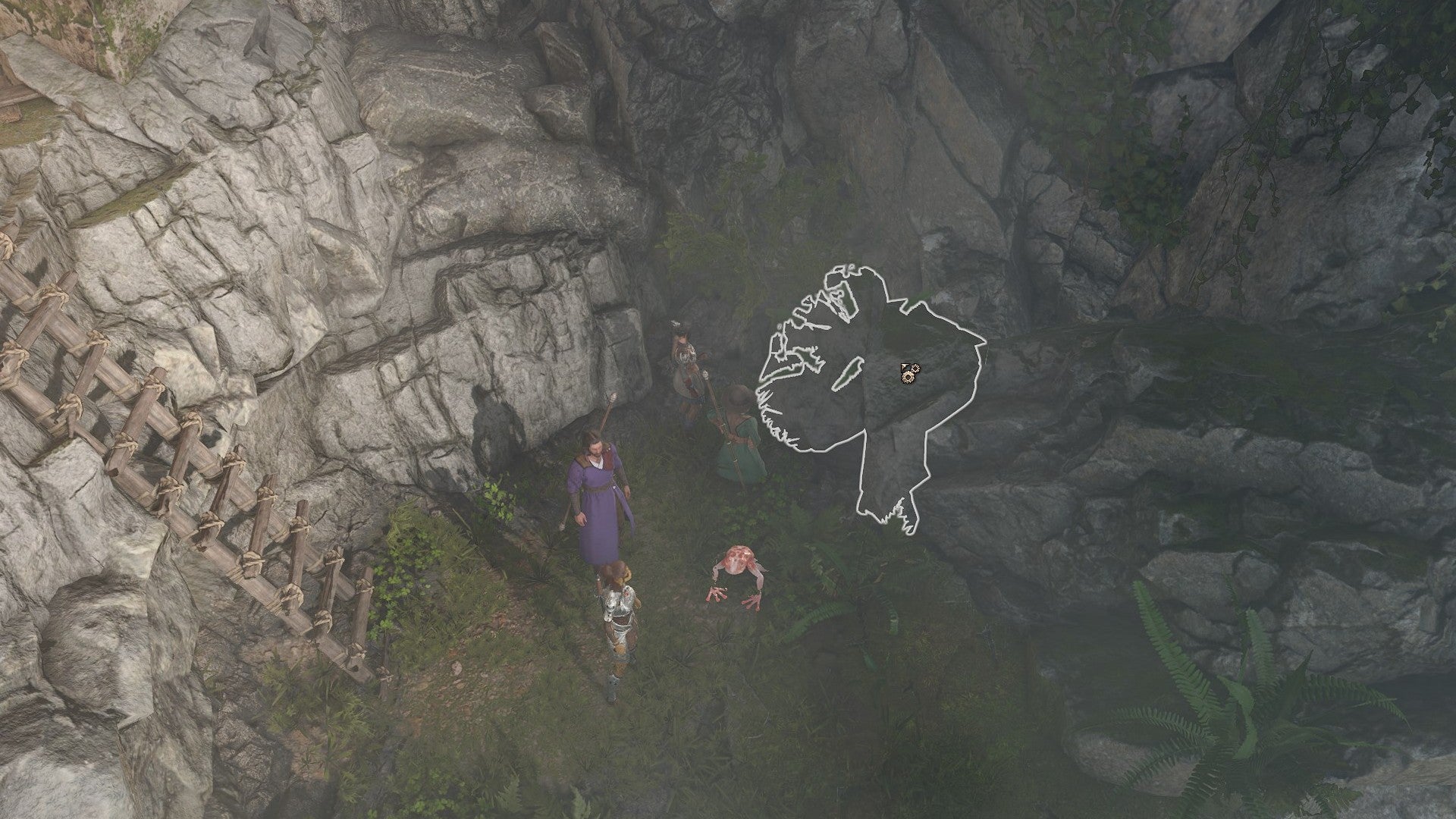 Baldur&rsquo;s Gate 3 image showing a group of people stood by a highlighted rock.
