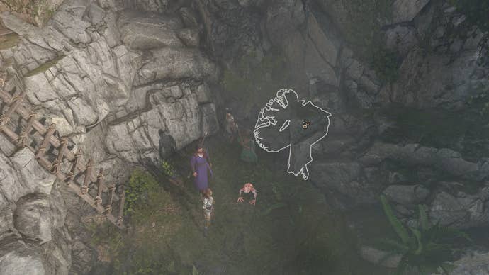 Baldur’s Gate 3 image showing a group of people stood by a highlighted rock.