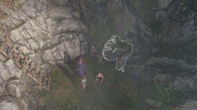 Baldur’s Gate 3 image showing a group of people stood by a highlighted rock.