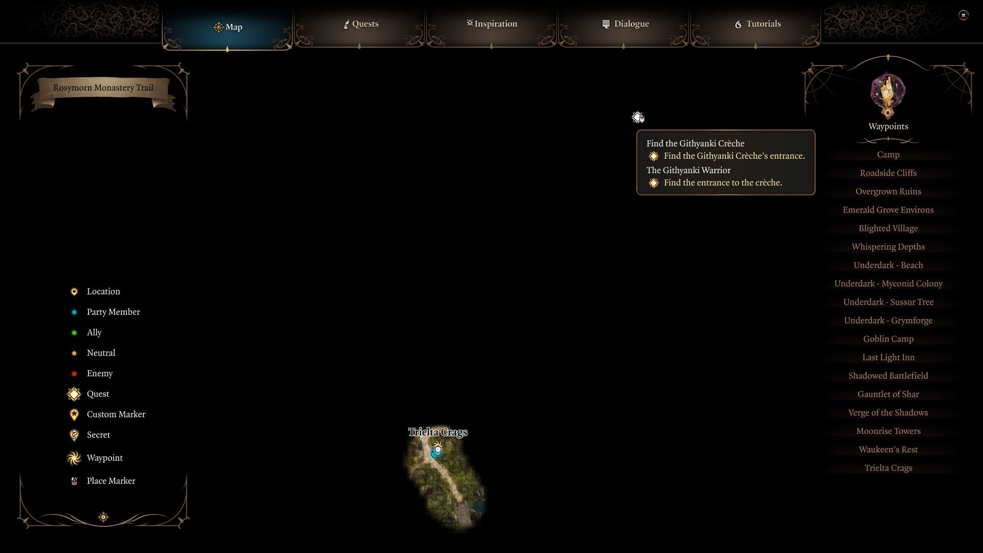 The location of the Trielta Crags Waypoint is shown on a map in Baldur&rsquo;s Gate 3