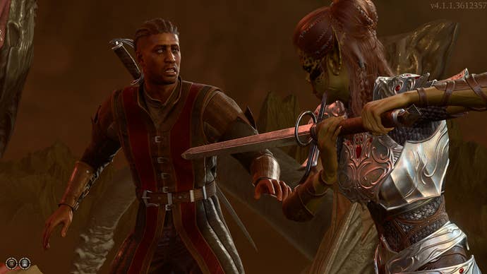 A surprised Warlock is held at swordpoint in Baldur’s Gate 3.