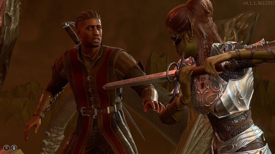 A surprised Warlock is held at swordpoint in Baldur’s Gate 3.