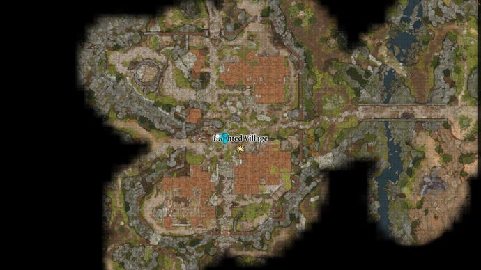 Baldur’s Gate 3 image showing the location of the entrance to the Whispering Depths in the Blighted Village.