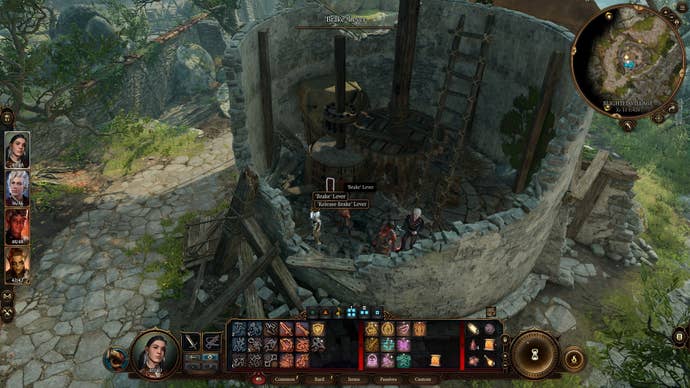 The player looks at the brake for the windmill in the Blighted Village in Baldur’s Gate 3