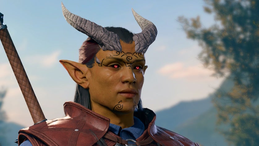 Close up of male body shaped Zariel Tiefling.