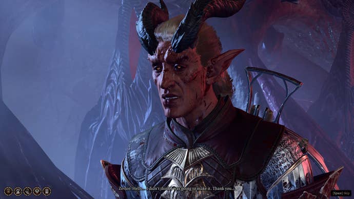 Zevlor looking bloody and disheveled after being freed from a pod in the Tadpoling Centre in Baldur’s Gate 3