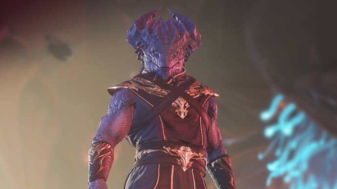 Baldur’s Gate 3 screenshot showing a Dragonborn staring into the camera.