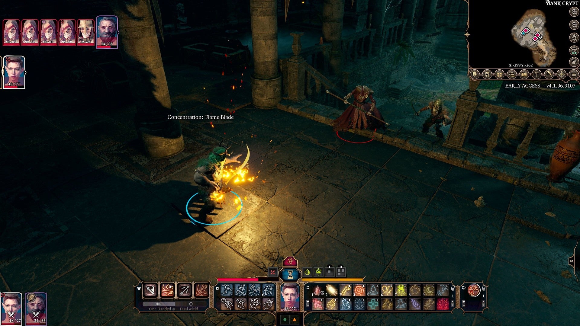 Baldur&rsquo;s Gate 3 screenshot showing a character concentrating on the flame blade spell, as skeletons stumble up some stairs.