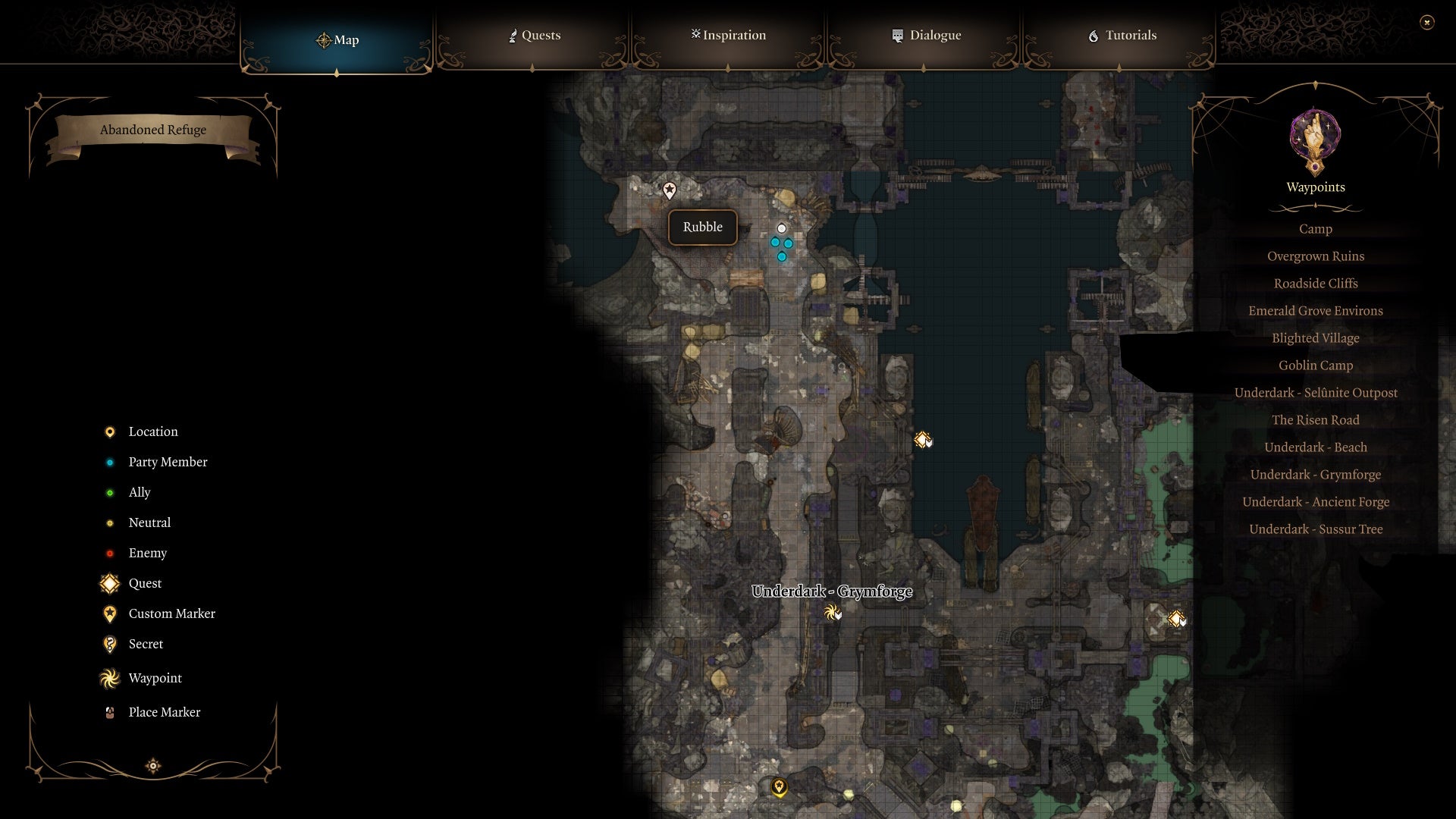 Map showing the location of rubble.