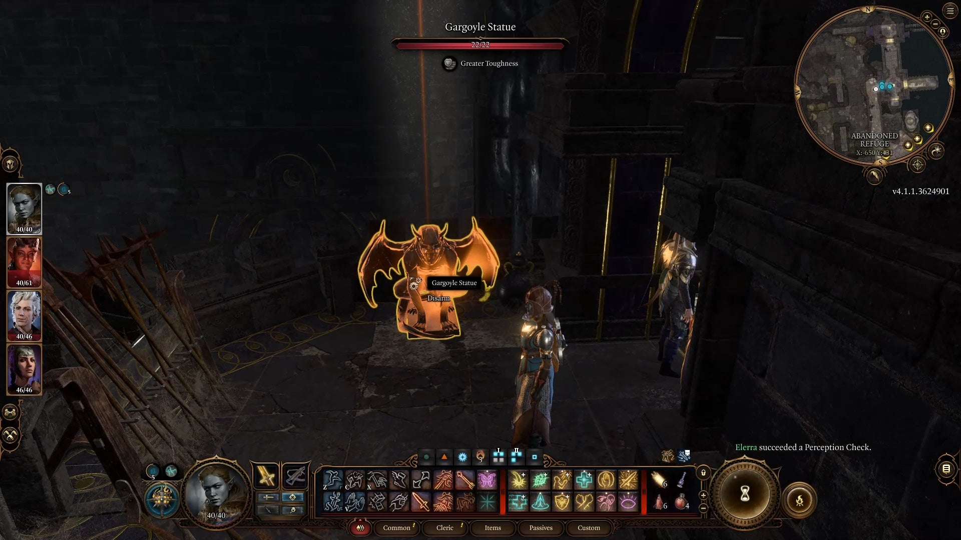 Cursor on an orange highlighted gargoyle statue in a dark dusty area.