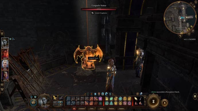 Cursor on an orange highlighted gargoyle statue in a dark dusty area.