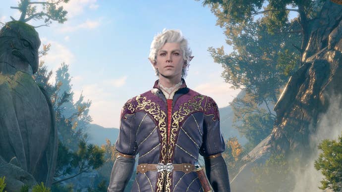 Baldur’s Gate 3 image showing Astarion against a blue sky and forest backdrop.