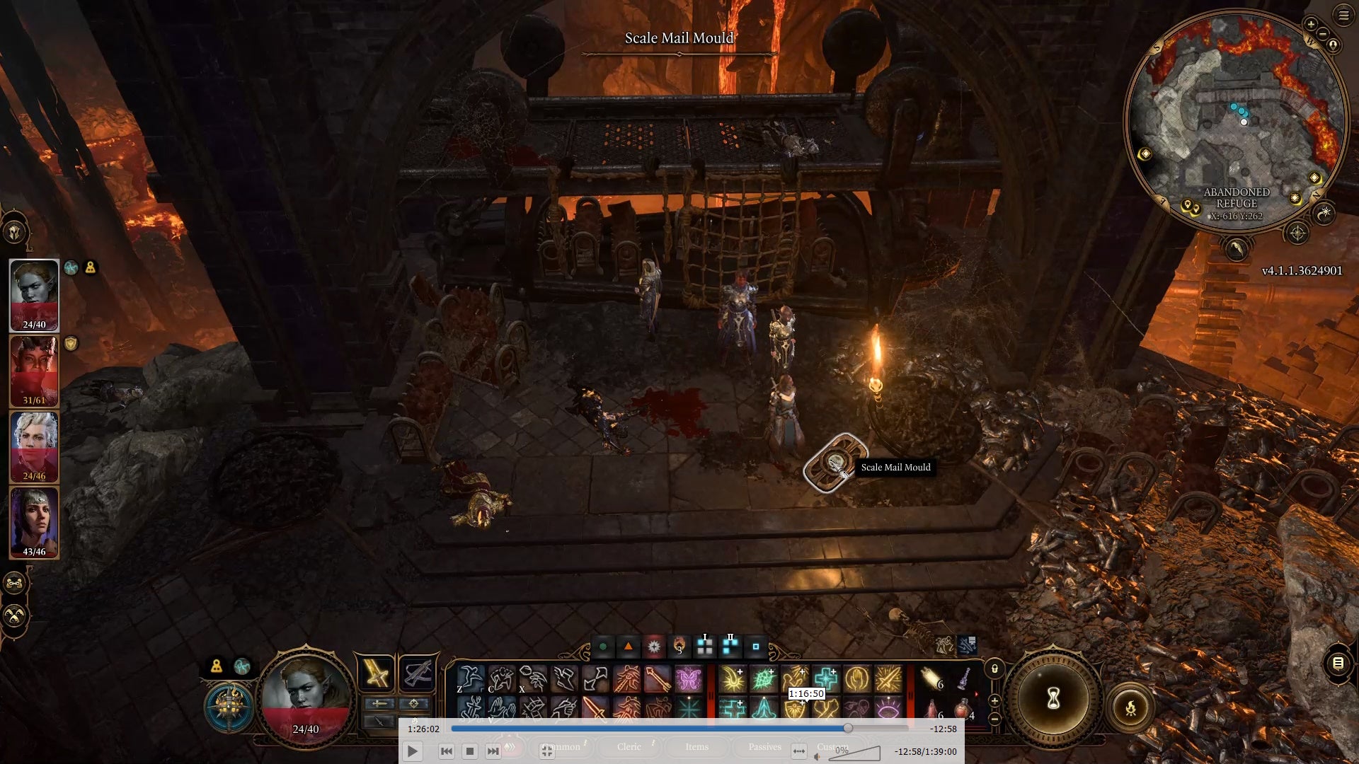 Cursor highlighting the scale mail mold beside a lit torch and under ramparts near lava.