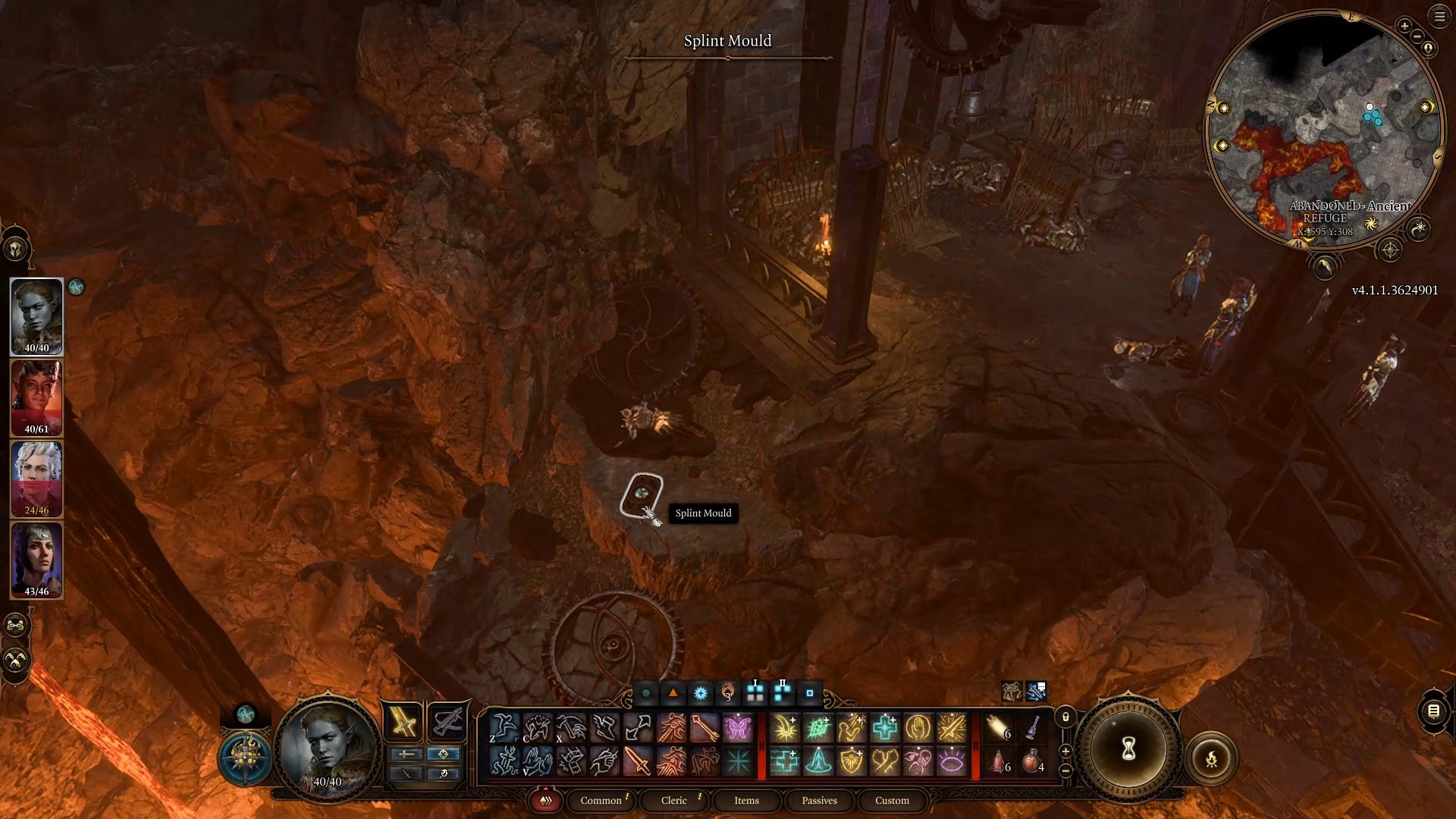 Cursor highlighting the splint mold on the ground between two cogs with a lava glow.