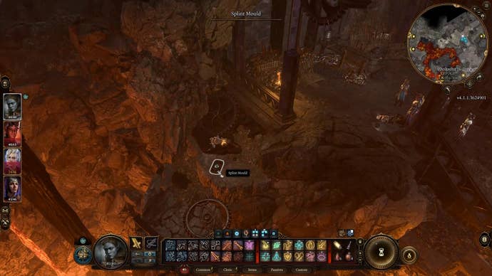 Cursor highlighting the splint mold on the ground between two cogs with a lava glow.