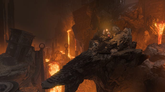 Baldur’s Gate 3 art showing three adventurers descending a staircase into some fiery ruins.