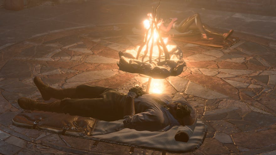 Baldur’s Gate 3 image showing a Half-Orc and Shadowheart lying in their bedrolls by the campfire.