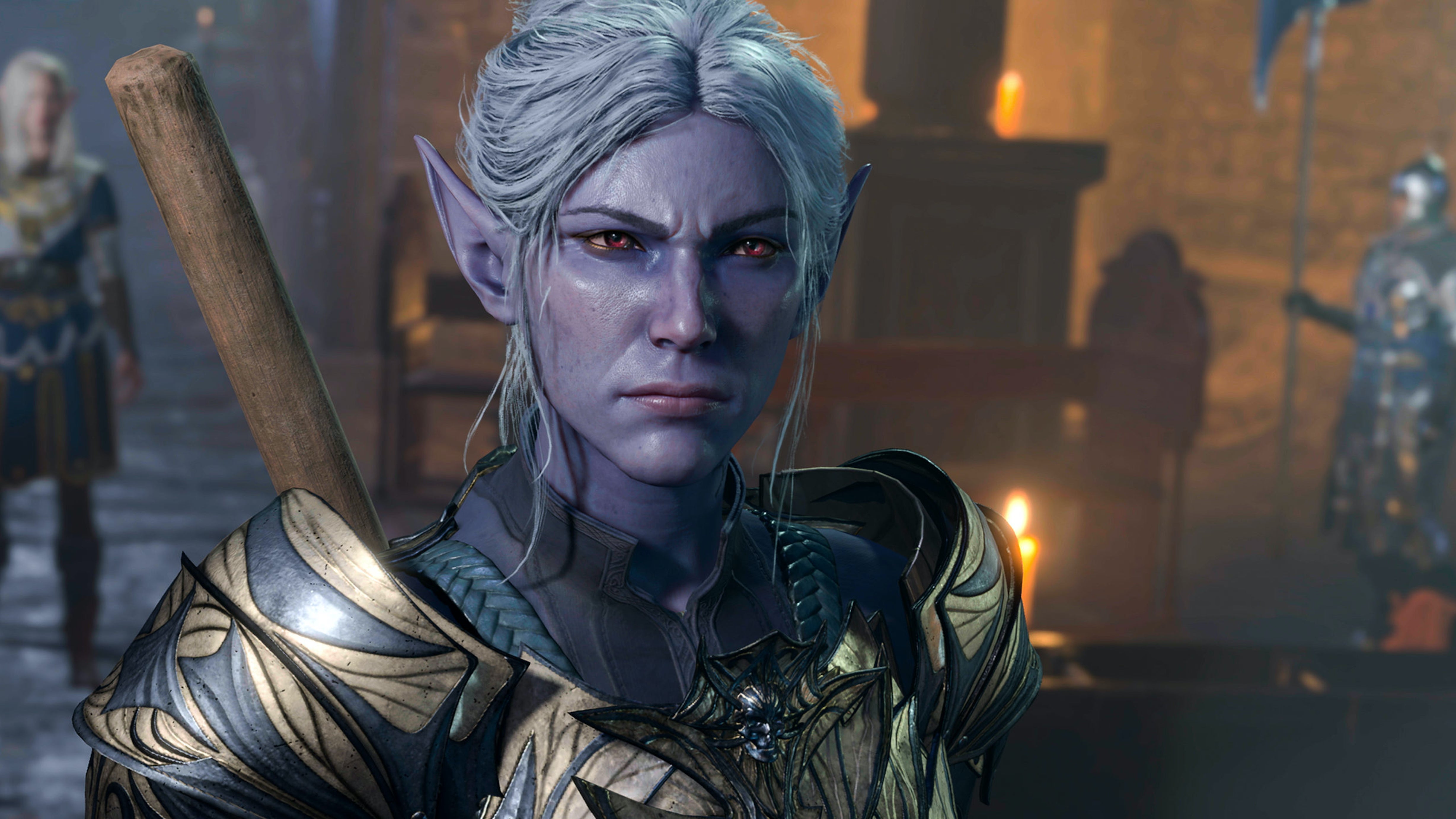 Purple elf lady, cladded in armour, looks concerned in a screenshot from Baldur&rsquo;s Gate 3.
