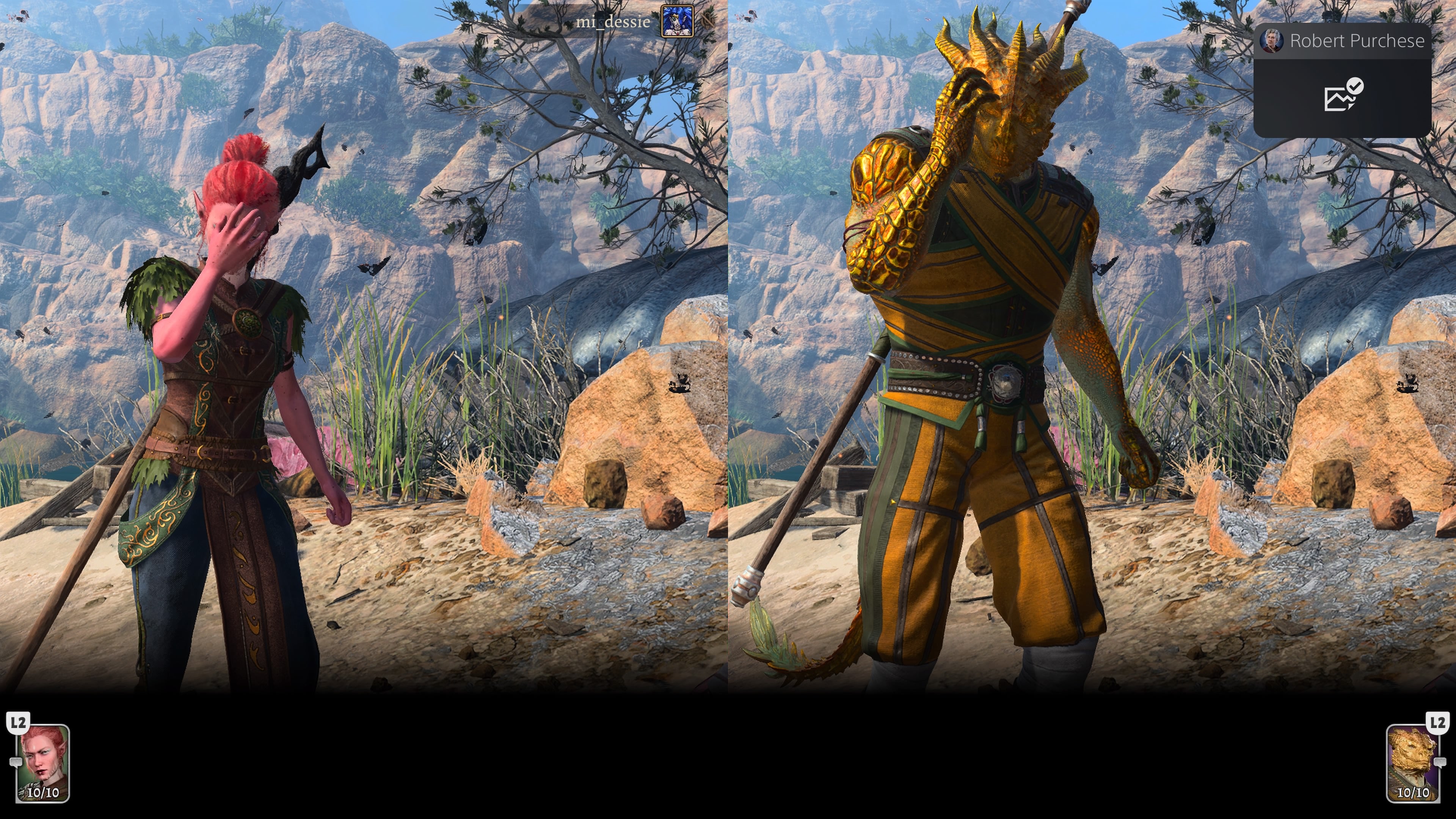 Two Baldur&rsquo;s Gate 3 characters, side by side, holding their heads as they wake up after a spaceship crash at the beginning of the game. One is an elf, the other a dragonborn. I have a feeling they&rsquo;ll get along famously.