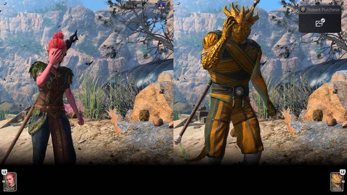 Two Baldur’s Gate 3 characters, side by side, holding their heads as they wake up after a spaceship crash at the beginning of the game. One is an elf, the other a dragonborn. I have a feeling they’ll get along famously.