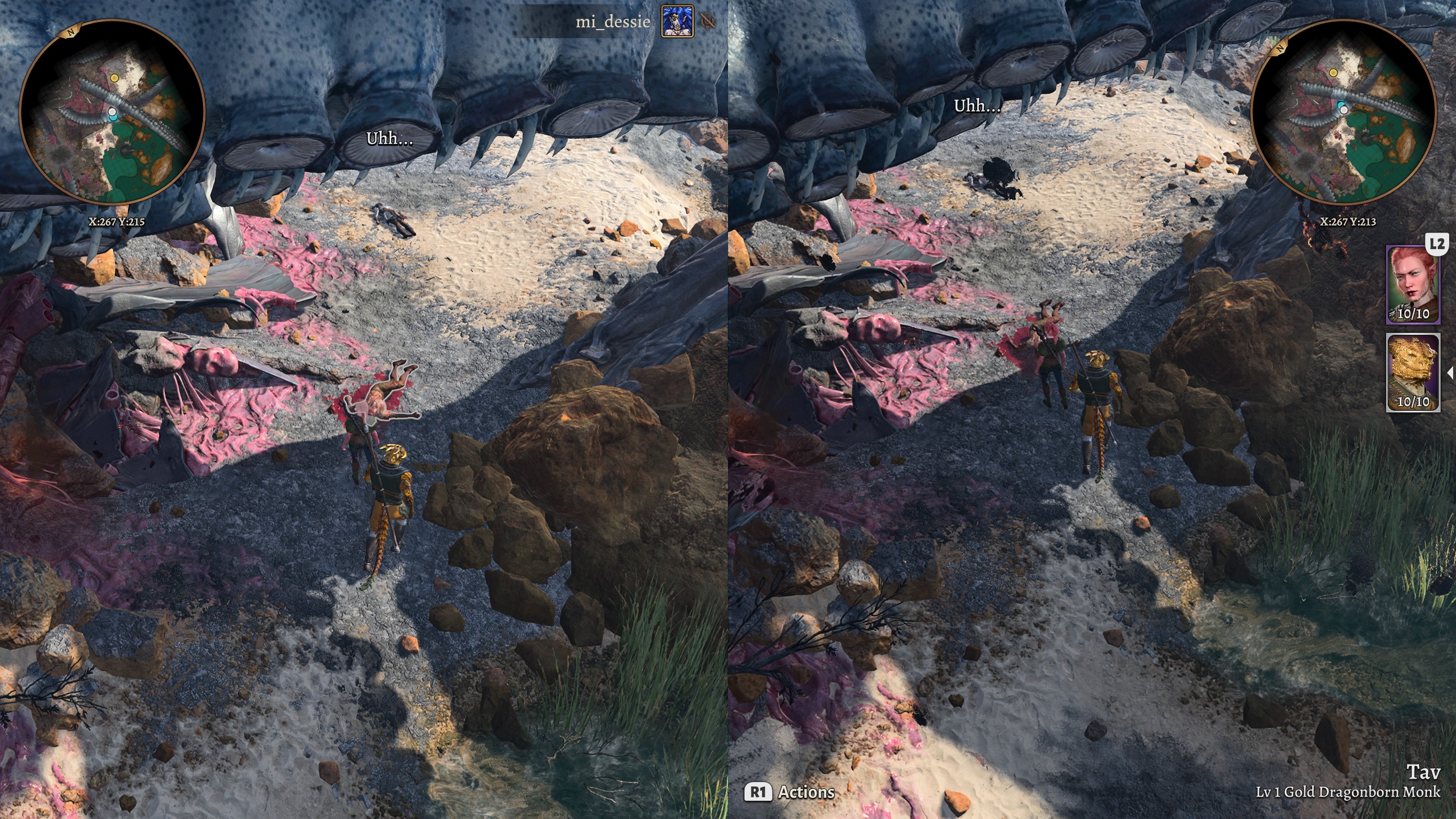 Baldur&rsquo;s Gate 3 being played in split-screen on PS5. From this angle, it doesn&rsquo;t look bad, busy-ness wise. But in dense battles, it gets very crowded.