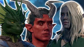 Cropped close ups of the green dragonborn, Asmodeus Tiefling and loth-sworn drow races on a blurred blue background.