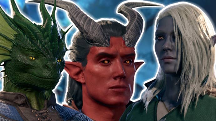 Cropped close ups of the green dragonborn, Asmodeus Tiefling and loth-sworn drow races on a blurred blue background.